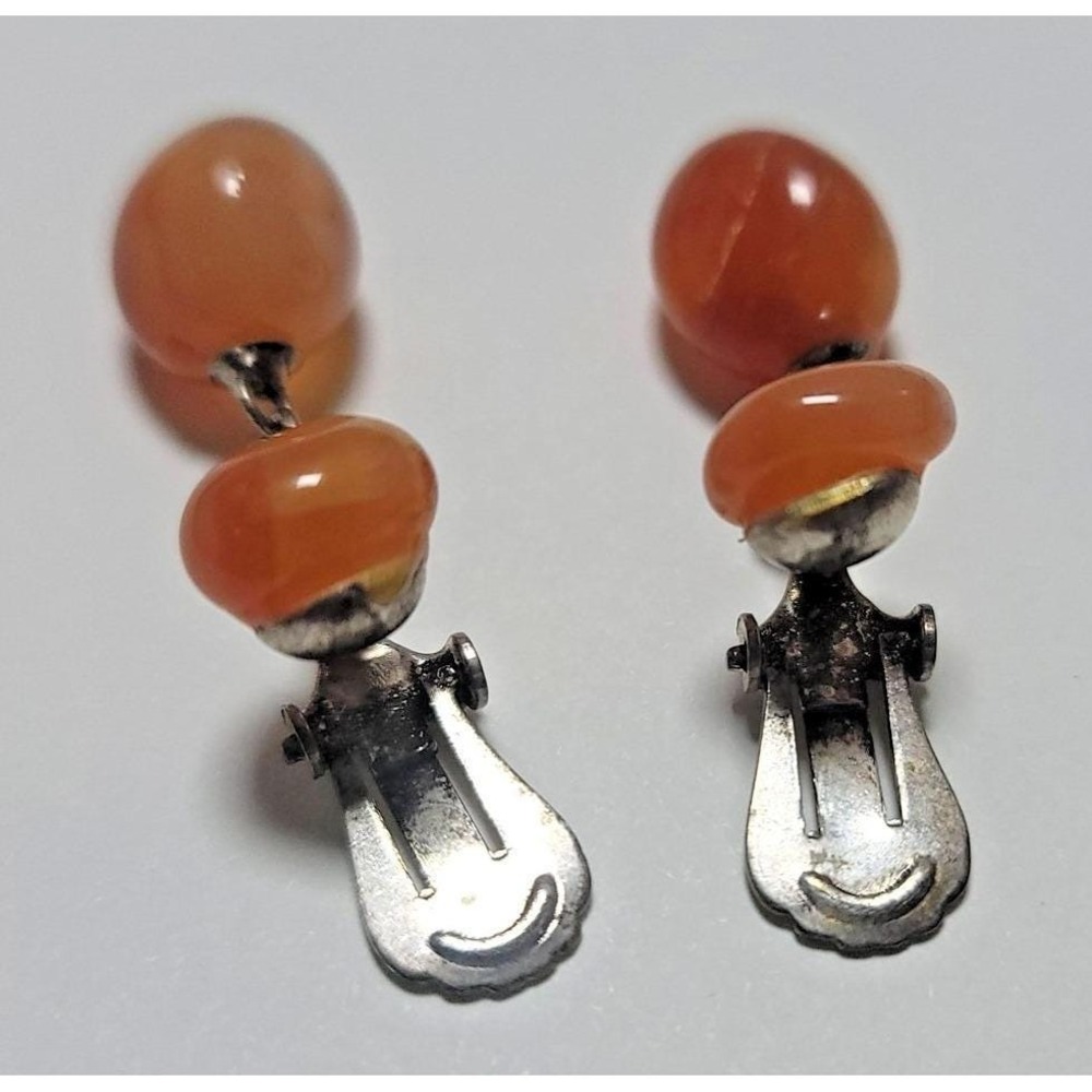 Vintage Silver Tone Carnelian Gemstone Dangle Drop Earrings Womens Clip On Style - Picture 4 of 7